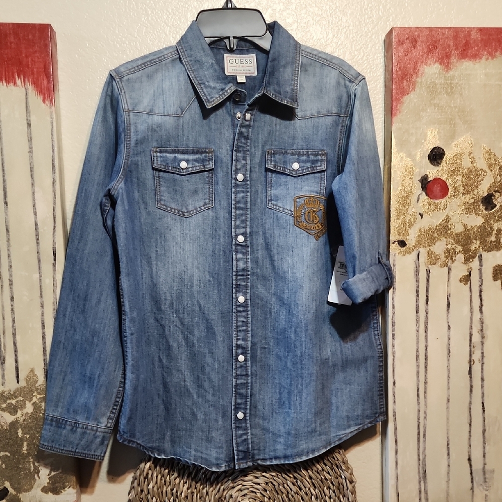 Guess Blue Denim Shirt with Logo Patch